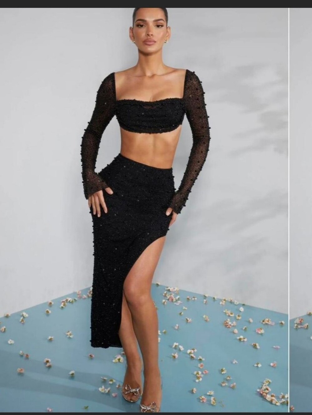 Oh Polly Black Beaded High-Slit Midi Skirt Set